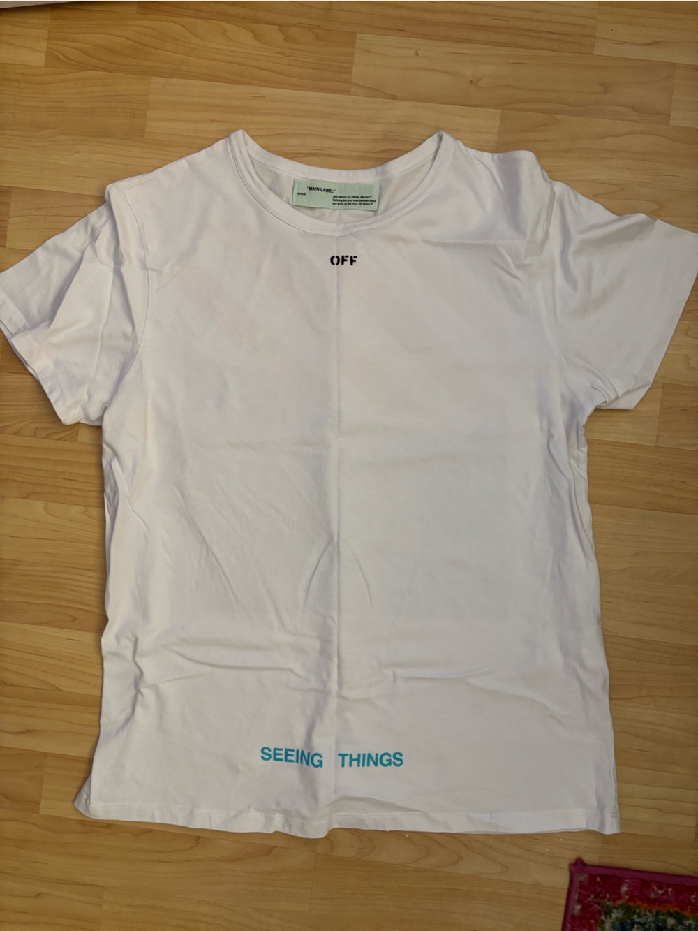 Off-White White Cotton Logo Tee with Blue Hem Print